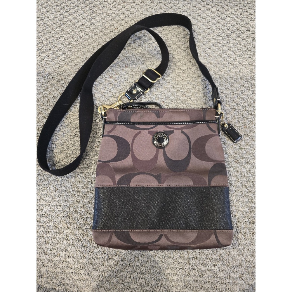 Coach Signature C Brown Flat Crossbody Bag Black Accents Gold Hardware Small